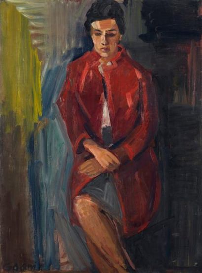 Pierre GOGOIS (né en 1935) Femme au manteau rouge Huile sur toile signée en bas à...