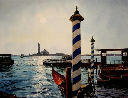 MICHEL GUYOT (Né en 1948) Venise, vaporetto sur la lagune. Aquarelle signée en bas...
