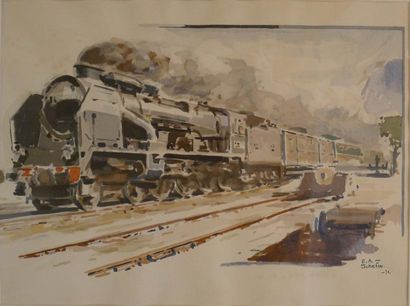 Emile-André SCHEFER Locomotive 240-P O remorquant un train lourd. Lithographie. 29...