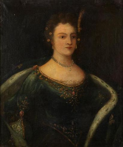 École FRANÇAISE (Genre du XVIIIe siècle) Portrait de duchesse dans un manteau d'hermine...