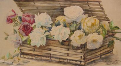 Luc BILLET (XIXème siècle) Roses et dahlias Aquarelle signée en bas à droite avec...