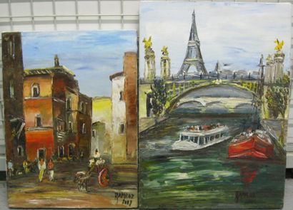K JAMROZ Deux vues de Paris Deux huiles sur toile signées et datées. 46 x 33 cm et...