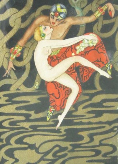 OTANON (XXème siècle) Danseurs Aquarelle signée en bas à droite. 32,5 x 24 cm