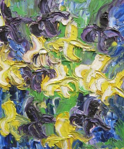 Anna CHIMARAS (née en 1974) Iris jaunes et violets Huile sur toile signée en bas...