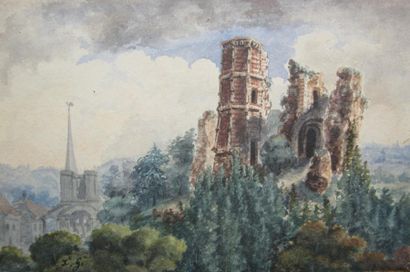 ECOLE FRANCAISE DU XIXème siècle Vue des ruines du chateau de Montfort L'Amaury Aquarelle...