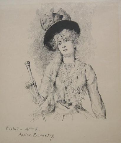Adrien BONNEFOY (XIXème-XXème siècle) Portrait de Mademoiselle S Encre signée en...