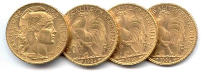 null Lot de quatre pièces de 20 Francs (au coq): 1901 (1 ex.), 1904 (1 ex.) et 1906...