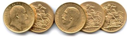 null Lot de cinq souverains Edouard VII et George V: 1910 S (superbe), 1910, 1911...