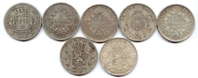 null Lot de sept pièces d'argent France et Belgique du XIXe siècle: 5 Francs Louis...