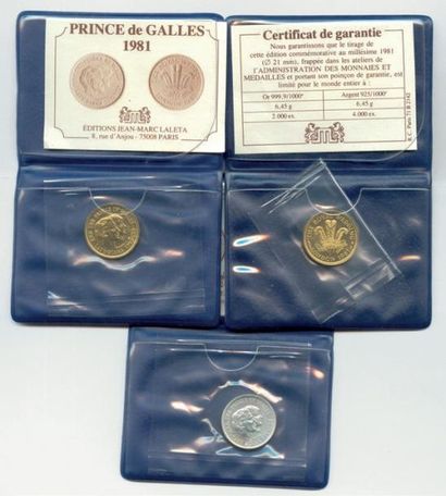 null Trois frappes commémoratives (2 en or et 1 en argent) étuis et certificats Prince...