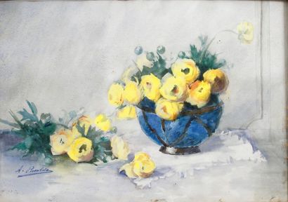 A.ROSSOLATO Fleurs jaunes dans un vase bleu Aquarelle, signée en bas à gauche. 33,5...