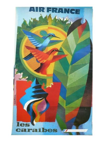 null Affiche AIR FRANCE-Les Caraïbes- par NATHAN, 2eme édition, 100 x 62 cm. (pliure...