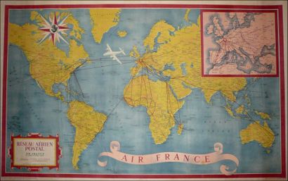 null Affiche AIR FRANCE - Réseau aérien postal- 1948, 63 x 100 cm. (rousseurs)