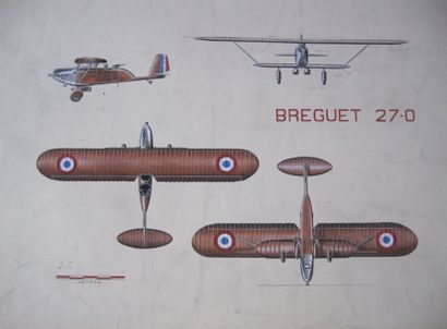 null Jean CUNY. Planche 4 vues du Breguet 27-0, gouache, 36 x 50 cm.