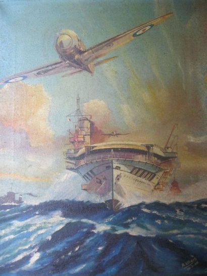 null R. LIBERT. Le porte-avion HMS GLORIOUS lançant ses avions embarqués. Huile sur...