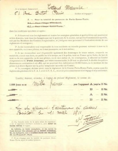 null [COURSE d'AEROPLANE].

P.S. " M. Tétard ". Bristol, 11 mai 1911. 4 pp. bi-feuillet...