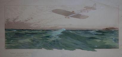 null Blériot traversant la Manche. Lithographie rehaussés de gouache de E. Montaut....