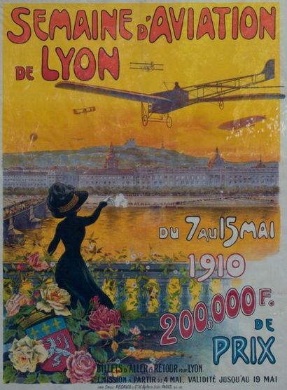 null Semaine d’Aviation de Lyon – 1910. Grande affiche, illustré par Tichon. Imp....