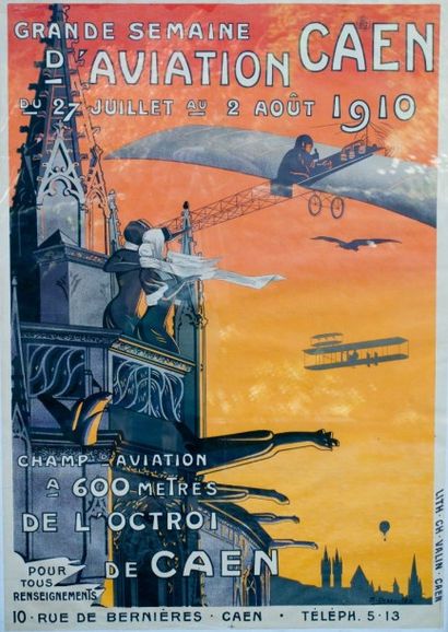 null Grande semaine d'aviation de Caen- 1910 – grande affiche illustrée M. Dessoulle...