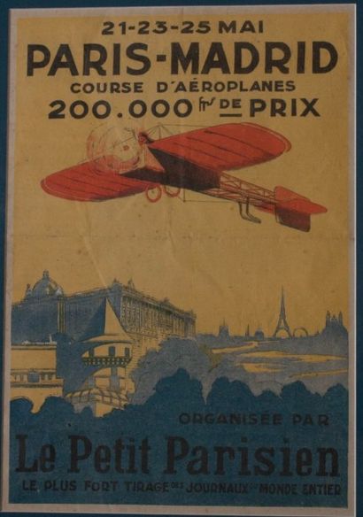 null Paris-Madrid, 1911. Affichette présentée encadrée. Pliures. 39 x 27 cm