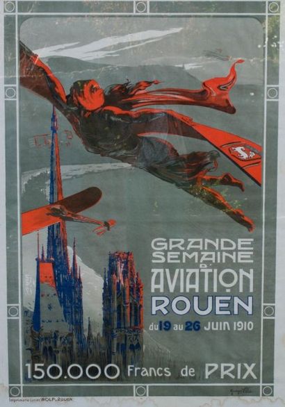 null Grande semaine d’aviation de Rouen, 1910. Grande affiche illustrée par Georges...