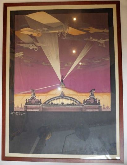 null Avions Blériot en vol au dessus du Grans Palais. Affiche avant la lettre illustrée...