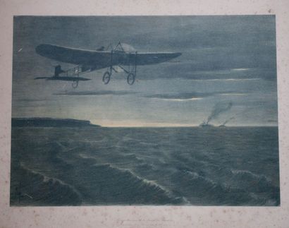 null Première traversée de la Manche en Aéroplane. Grande gravure en couleur. KF...