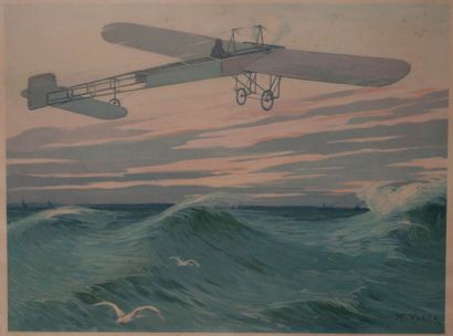 null Blériot traversant la Manche, Chromolithographie, par M. Volta. Vers 1910. 27...