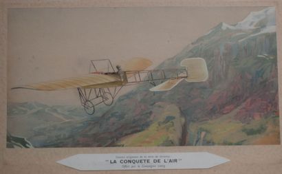 null La traversée des Alpes, aquarelle sur papier présentant un Blériot XI survolant...