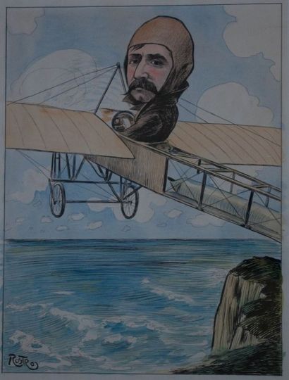 null Louis Blériot dans son avion, aquarelle humoristique de Rostro. Vers 1910. 39...