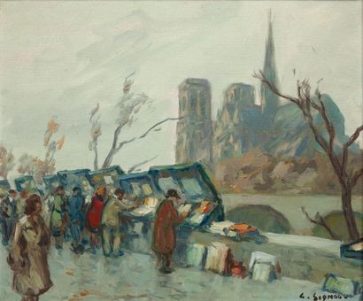 null Ludovic SIGNOUX (né en 1912). 

Bouquinistes sur les quais de Seine. 

Huile...