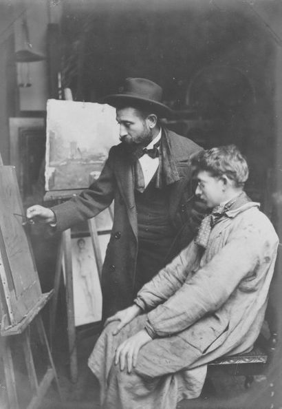 null ANONYME : Peintres dans leurs ateliers, c.1910. Deux tirages argentiques d’époque....
