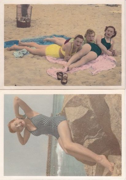 null PIN UP : Coney Island, USA, c.1920. Quatre tirages argentiques colorés à la...