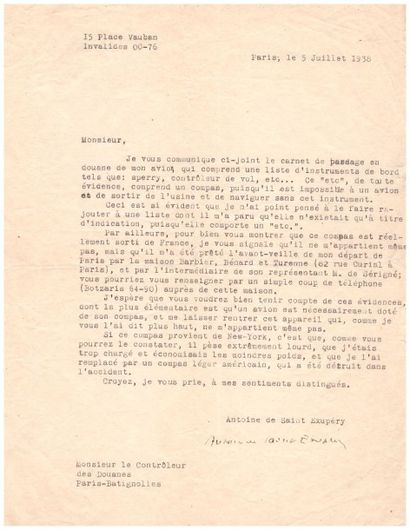 null Antoine de SAINT-EXUPERY (1900-1944).

L.T.S. Paris, 5 juillet 1938. 1 pp. in-4.

Concernant...