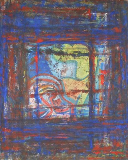 null Ecole du XXème siècle. Composition en bleu. Peinture sur toile. 81 x 65 cm.