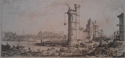 null Jacques CALLOT (1592-1635) d'après. Vue du Pont Neuf et la tour de Nesles. Eau-fortes,...