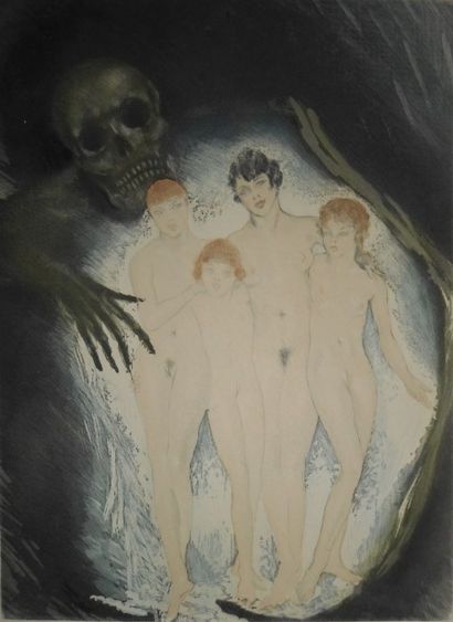 null Edouard Jules CHIMOT. Femmes nues accompagnées de la Mort. Gravure en couleur...