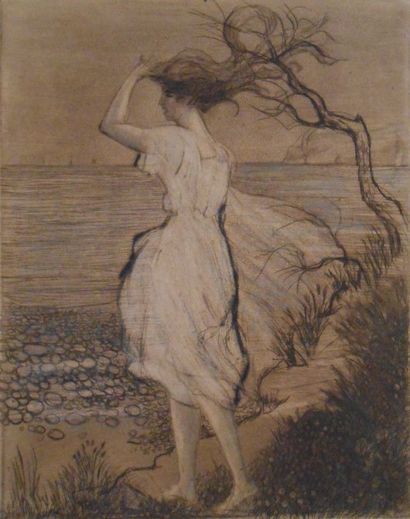 null Emile SULPIS (1856-1953). Femme au bord de l'eau. Deux gravures numérotées 1/1...