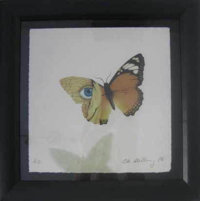 null Ole AHLBERG (né en 1949). L'oeuf. Lithogravure, encadrée. 24 x 17,5 cm . Papillon...