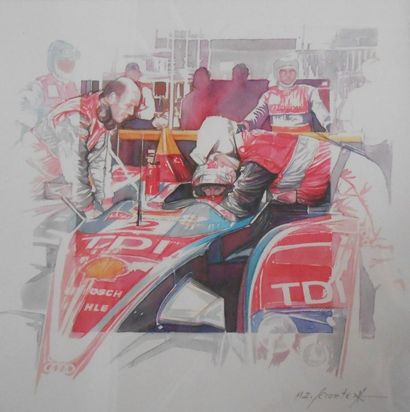 null M.Z. LECOMTE. Pilote de course F1. Lithographie couleurs signée au crayon en...