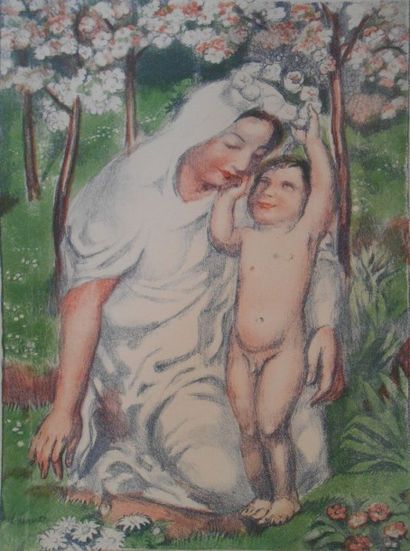 null Maurice DENIS (1870-1943). L'Enfant couronnant sa Mère. Lithographie en couleurs...