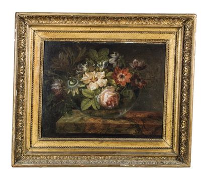  Joseph-Laurent MALAINE (Tournai 1745 - Paris 1819) 
Vase de fleurs sur un entablement....