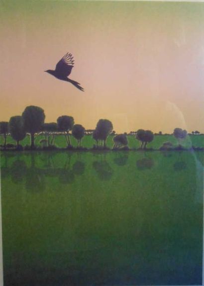 null Daniel SCIORA (né en 1945). L'oiseau mauve. Lithographie signée en bas à droite...