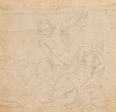 null François BOUCHER (1703- 1770) (Atelier de).Faune surprenant une femme endormie...
