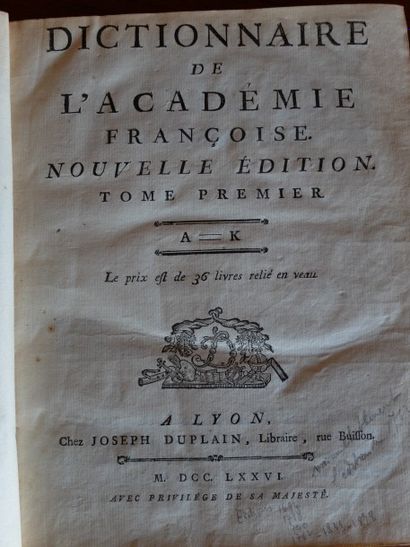 null DICTIONNAIRE de l’académie francoise. Nouvelle édition. Paris, Duplain, 1776,...