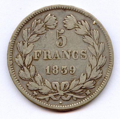null 5 Francs Argent 1839 MA=Marseille. Atelier rare. T.B.