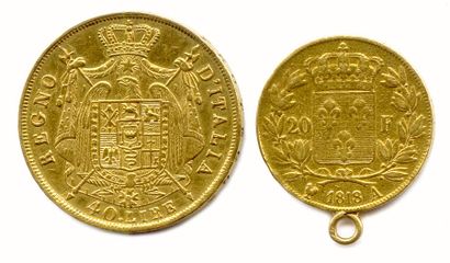 null Lot de 2 pièces Or. 40 Lire Napoléon 1er-Roi d'Italie, 1814 Milan et 20 Francs...