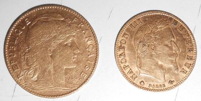 null Lot de 2 pièces Or : 10 francs 1906, Au Coq, Poids 3gr et 5 Francs 1862 (A),...