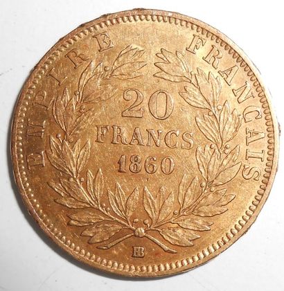 null 20 Francs 1860. Or, Napoléon III tête nue (BB), 1860, Barré. Poids 7gr.