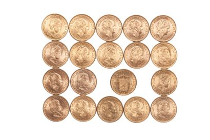 null Lot de 19 pièces de 10 Florins Or. 1911, 1912 x 3, 1913, 1917 x 3, 1925 x 2,...